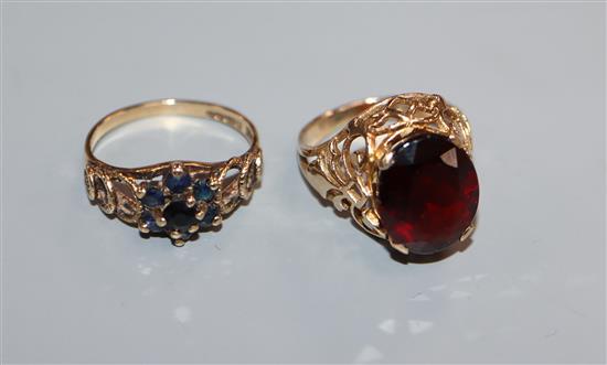 A 9ct and oval garnet set ring and one other 9ct gem set ring.
